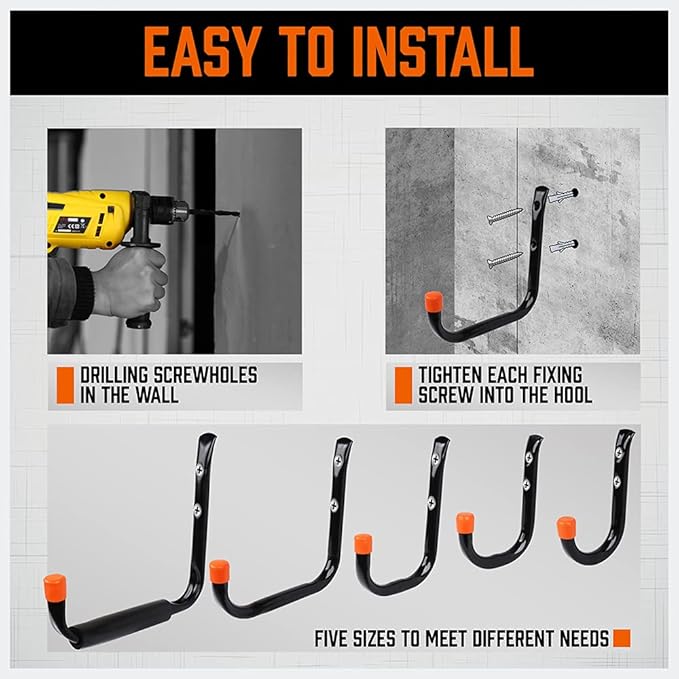 HORUSDY 10-Pack Heavy Duty Garage Storage Hooks Assorted Utility Hooks, 9", 7", 5", 3.5", 3" Two Each