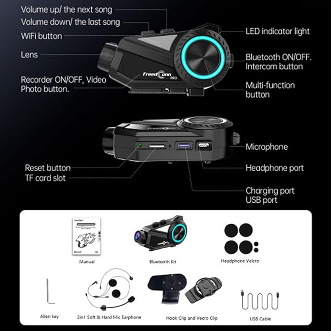 FreedConn R3 PRO Motorcycle Helmet Bluetooth Headset with Camera Recorder, Motorcycle Communication Systems, WiFi 2K 0.75mi/1200m 6 Riders Group Intercom, Built-in & External Mic System, 128G TF Card