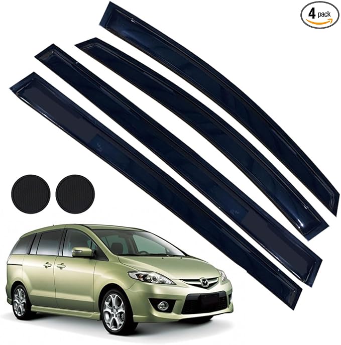 Rain Guards for Mazda 5 2006-2015, Tape-on Side Window Deflectors for Mazda 5, Window Visors for Mazda Cars, for Mazda Car Accessories 4 Rain Guards ＆ 2 Car Coasters