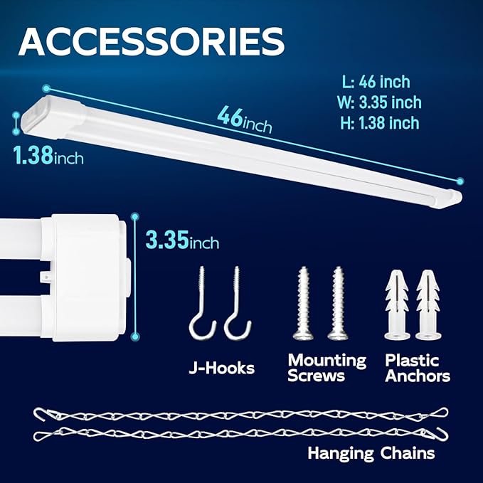 hykolity 4 Pack Linkable LED Shop Light, 4FT 44W [300W Equivalent], 4600lm, 5000K Daylight, Plug-in Utility Light Fixture, Hanging or Surface Mount, White - Energy Efficient Lighting Solution