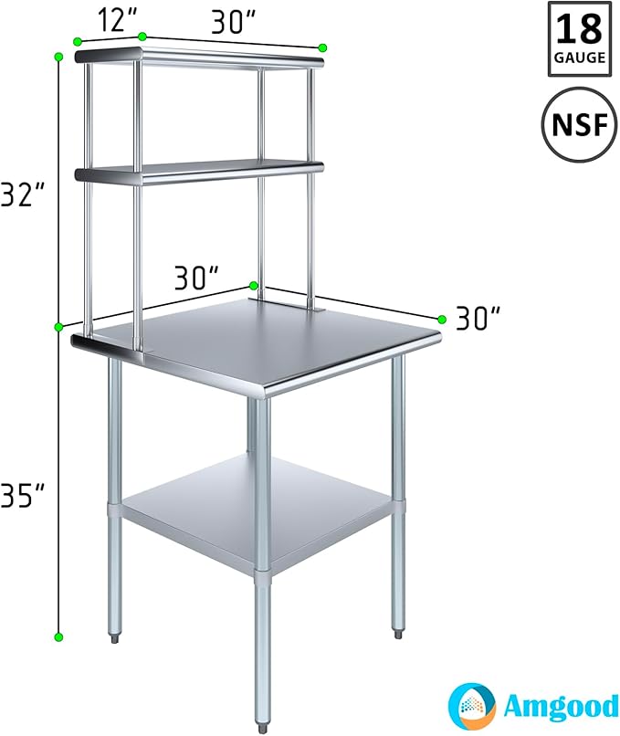 Amgood Stainless Steel Work Table Double Tier Overshelf | Metal Kitchen Prep Table & Shelving Combo (30" x 30" Work Table + 12" Overshelf)
