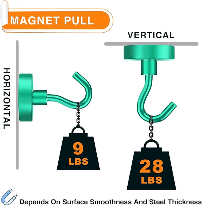 MIKEDE Magnetic Hooks Heavy Duty, 28LB+ Strong Magnets with Hook for Fridge, Neodymium Extra Strength Industrial Hooks for Hanging, Magnetic Hanger for Toolbox, Cruise, Grill(Green,4 Pack)