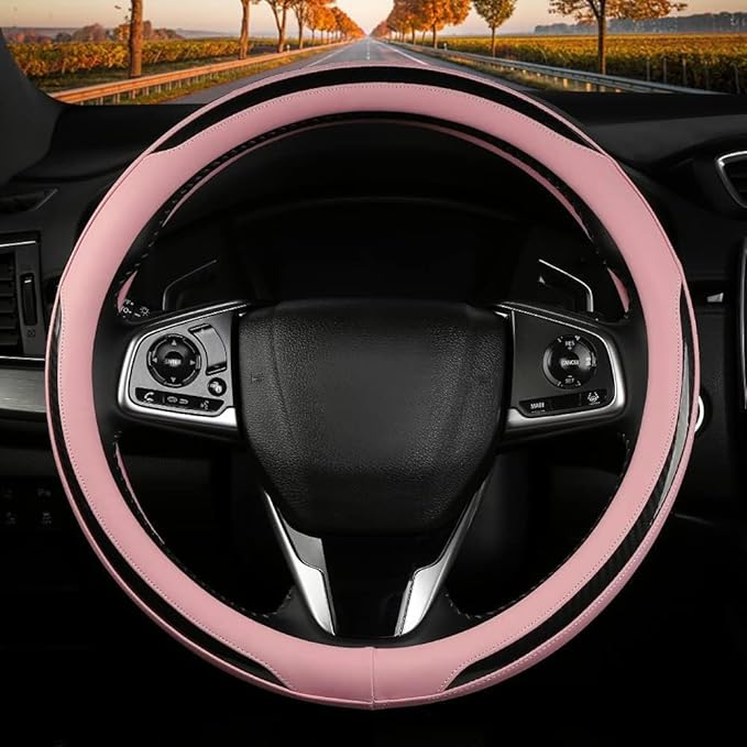 New Leather Car Steering Wheel Cover, Non-Slip Car Wheel Cover Protector Breathable Microfiber Leather Universal Fit for Most Cars