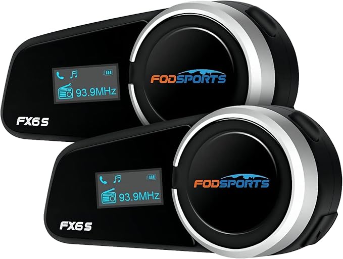 Fodsports FX6S Bluetooth Motorcycle Headset, 6-Way Motorbike Intercom Bluetooth, 1000m Motorcycle Helmet Communication Systems/Voice Dial/Universal Pairing/FM Radio (2 Pack FX6S with LED)