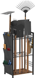YBING Garden Tool Organizer, Yard Tool Stand with Side Storage Pockets, Yard Tower Rack for Garage Storage, Freestanding Tools Organizers and Storage for Shed, Brown