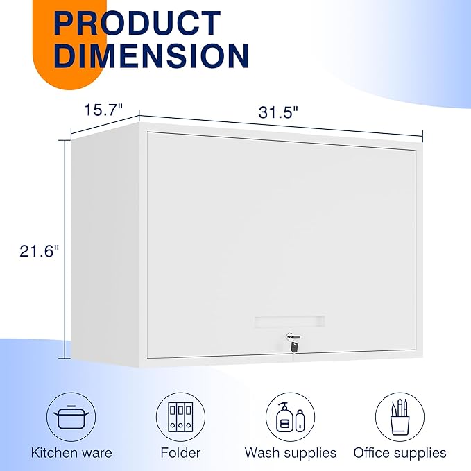 Yizosh Metal Wall Cabinet with Doors and Shelves, Floating Storage Unit for Garage or Basement (White, 21.6" H)