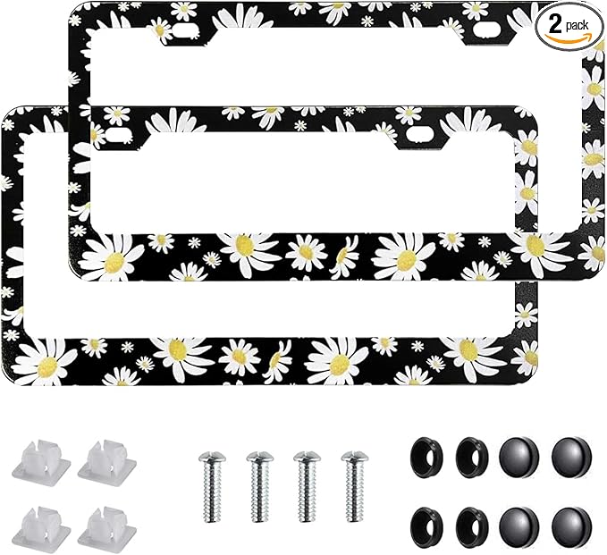 2 Pack Universal Daisy Floral License Plate Frame - Heavy Duty Rustproof Aluminum Matte Black Daisy Car Tag Holder Cover Bracket Fits All Vehicles, Easy Install with Screws Included