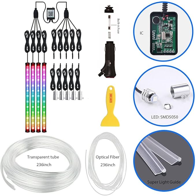 Interior Car Lights with Wireless APP & Remote Control, 9 in 1 RGB Car Ambient Lighting Kit with 4 Under Dash Lights & 5 Fiber Optic LED Strips, Sync to Music Inside Car Accessories