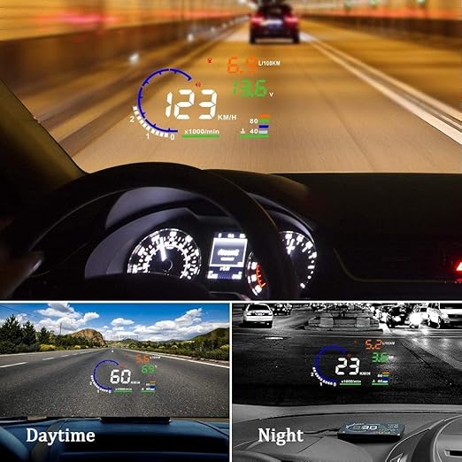 KAOLALI A8 HUD Display 5.5" Dash Screen Projector OBD2 Auto Gauge RPM MPH Speedometer Overspeed Warning Fuel Consumption Temperature Speed Heads Up Windshield Display Multiple-Color Bright for Cars