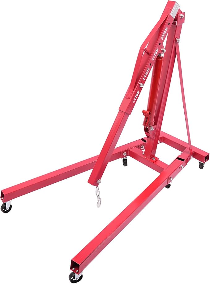 Folding Engine Hoist 2 Ton Engine Crane Lift with 6 Caster Wheels 4400LBS Steel Hydraulic Engine Crane 4 Adjustable Positions for Car Fixing Workshops Garages Warehouse(Sent in 2 Packages) (Red 1T)