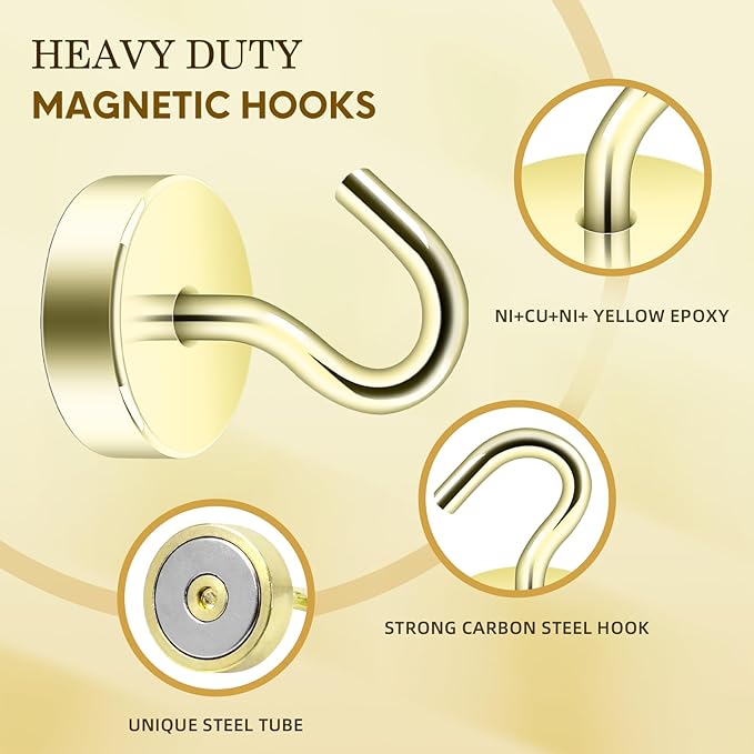 Neosmuk Magnetic Hooks, Cruise Ship Essentials, 40lb+ Heavy Duty Magnetic Hooks for Cruise Cabins, Refrigerator, Grill, Hanging, and Travel | Extra Strong Must-Haves Magnet Hook,Gold,Pack of 10