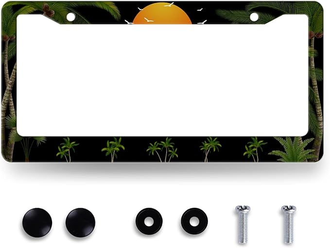 Palm Trees Sunset License Plate Frame Tropical Plants License Plate Holder Stainless Steel Front and Rear Car Tags Auto Parts Colorful License Plate Men Women Decoration with Screws 12.2" x6.2"