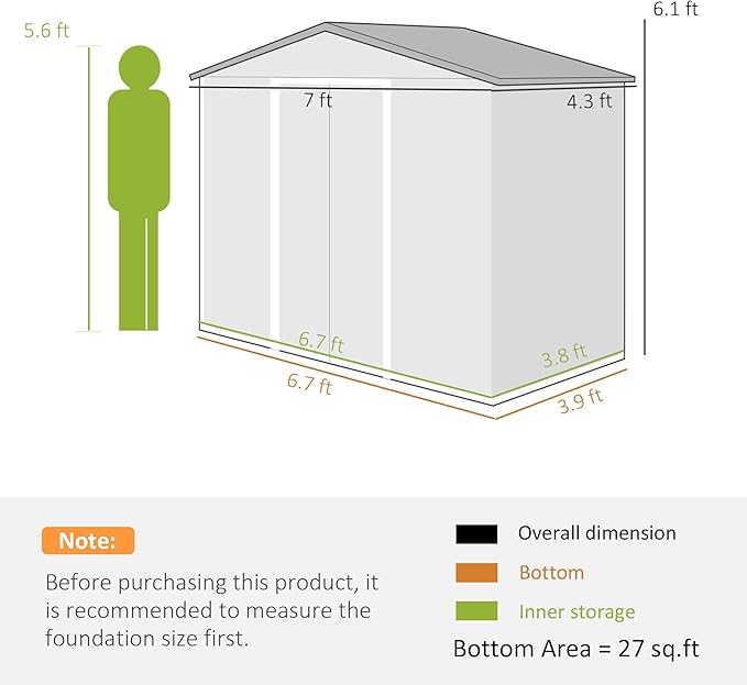 Outsunny 7' x 4' Outdoor Storage Shed, Garden Tool Metal Shed with Foundation Kit, Double Lockable Door, Air Vents and Sloping Roof, for Backyard, Patio, Lawn, Light Green