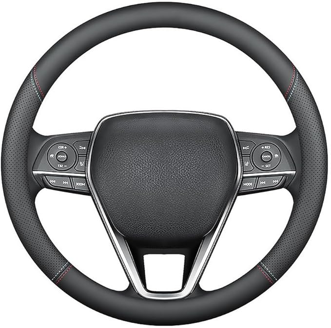 LKWLIKEI Nappa Premium Leather car Steering Wheel Cover, Non-Slip, Breathable, Universal 15 inches (red Blue line)