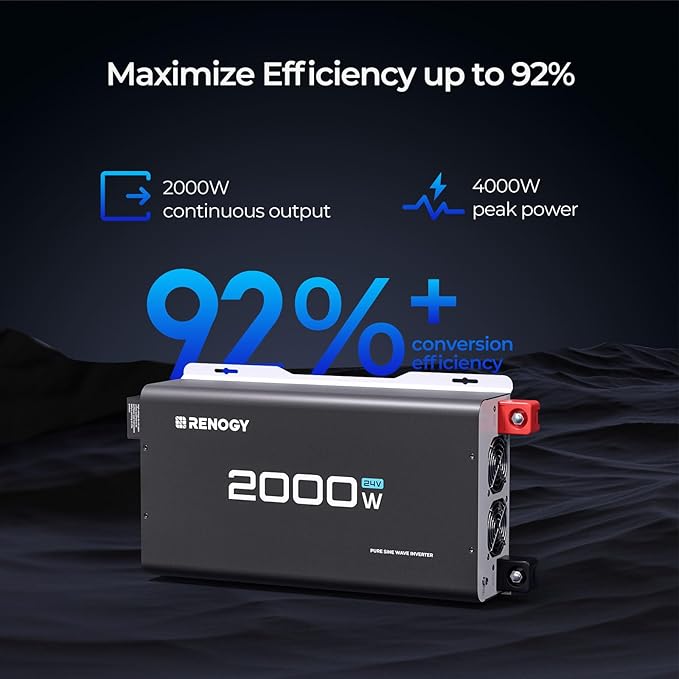 Renogy 2000W 24V Pure Sine Wave Inverter, 4000W Peak Power, 92% Energy Efficiency, with 2 AC Outputs, Remote Control, RV Truck Marine Camping