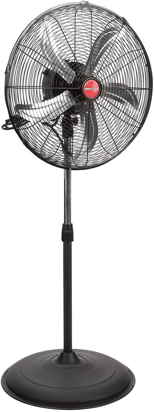 OEMTOOLS OEM24871 20" Oscillating Pedestal Fan, Adjustable Height for Garage, Shop, Gym, Warehouse 4500 CFM Airflow, 3-Speed Enclosed Motor, 5 Aluminum Blades, Dust-Resistant Industrial Purpose