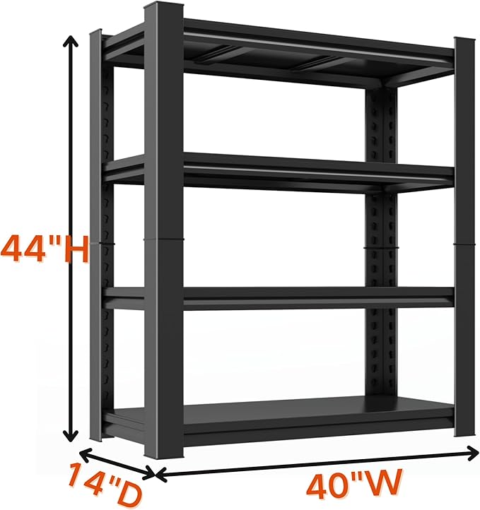 Garage Shelving, Adjustable Storage Shelf, Heavy Duty Storage Shelves, Sturdy Steel Storage Shelf for Garage and Workshop, 4-Tier 44" H x 40" W x 14" D, Black
