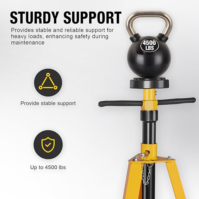 YELLOW JACKET Underhoist Support Stand 2 Ton Capacity, Lifting from 53" to 84", 12 Inch Diameter Base, Bearing Mounted Spin Handle, Contoured Saddle, Supports Vehicle Components, Self-Locking Screw