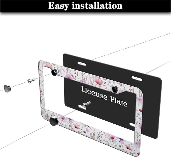 License Plate Frame Holder for Women Powder License Plate Frames for Men Pink Flower Aluminum Metal Car Accessory 2 Pack with Screw Covers Set