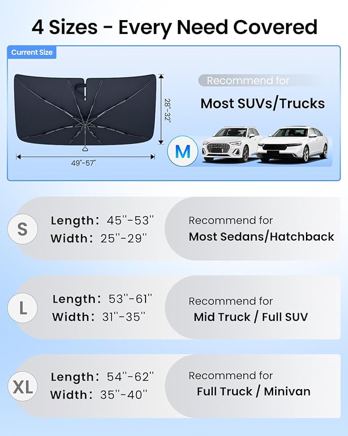REEVAA 2025 Upgraded Car Windshield Sun Shade Umbrella [100% Sun Protection & Keep Cool] Protect Interior, 360° Flex Handle Sun Shield Sunshade, Medium (57''x32'') for Most SUV/Truck