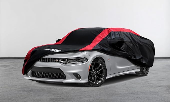 Dodge Charger Car Cover Waterproof All Weather with Red Strip Design, Custom Fit for Dodge Charger 2006–2023, Charger Accessory with Door Zipper & Windproof Straps