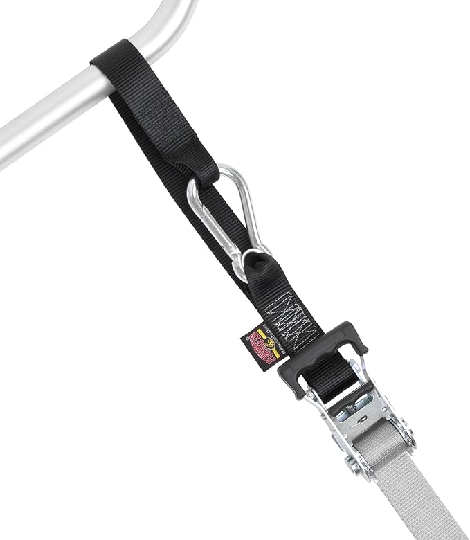 PowerTye - Made in USA - Heavy Duty Ratchet Tie Down Straps with Carabiner Hooks, Soft-Tye & Storage Bag, for Motorcycle, ATV, Trailer & Cargo, 1,000 lb WLL, 1.5 inch x 6.5ft Long, Silver/Black (pair)