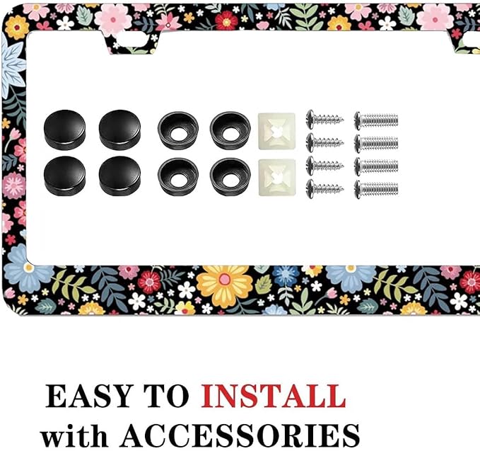 2 Pack Universal Retro Colorful Flowers License Plate Frame - Heavy Duty Rustproof Aluminum Matte Black Car Tag Holder Bracket Fits All Vehicles, Easy Install with Screws Included
