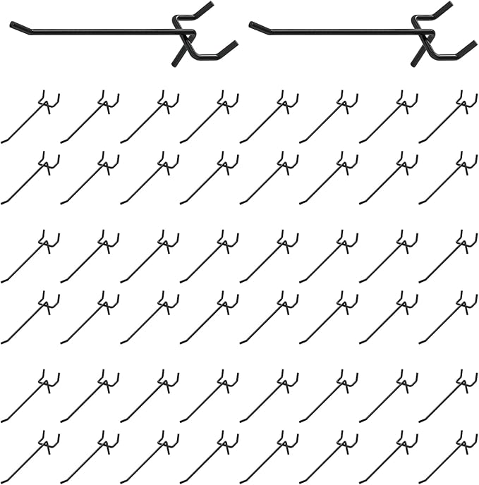 50Pcs 4"/10CM Pegboard Hooks Assortment Set, Metal Peg Board Hooks with 2.5mm Hole Pitch 4mm Wire Diameter Slatwall Hanging Hook for Garage Organization Wall Hanging (Black)