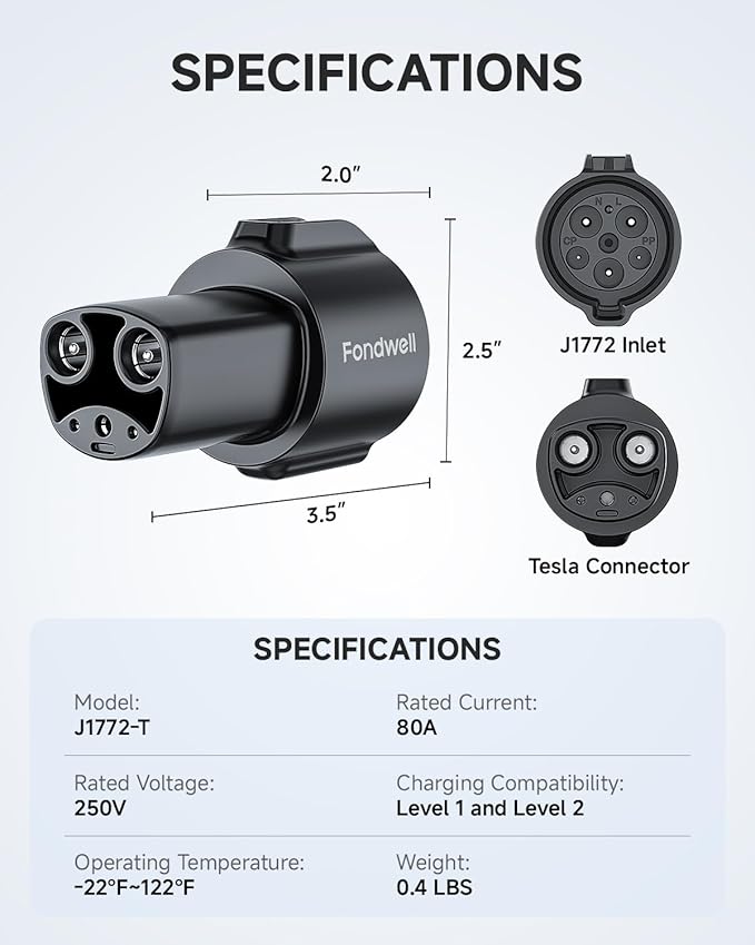 Fondwell J1772 to Tesla Charger Adapter: Compatible with Tesla Model Y/3/X/S/Cybertruck - Fast EV Charging Plug Adaptor with 250V 80Amp for Level 1 and Level 2 Chargers (Black)