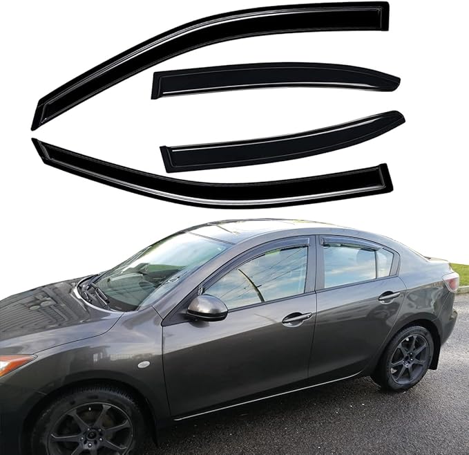 94257 Side Window Wind Deflector,4pc Dark Smoke Nice Window Visors fit for 2010-2013 Mazda 3,Outside Mount Style Tape-On Sun Rain Guards Set