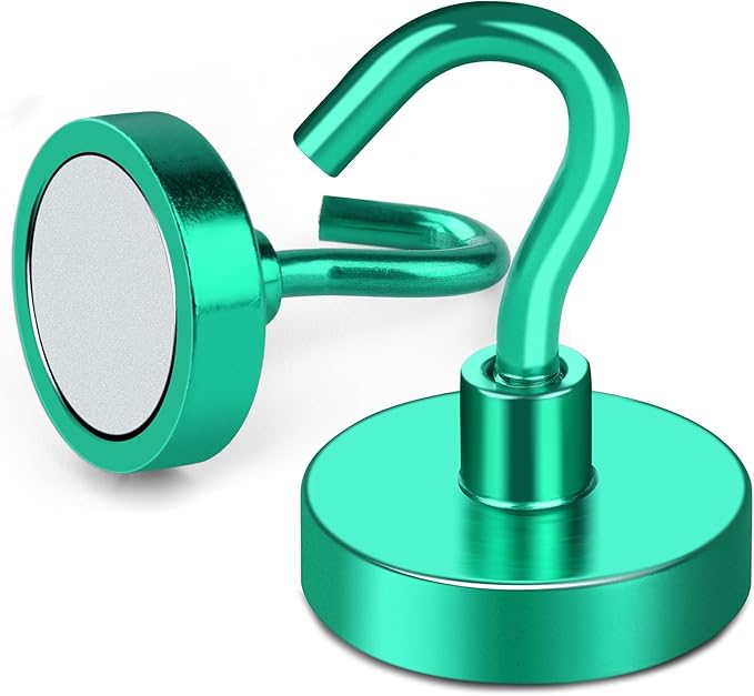 MIKEDE Magnetic Hooks Heavy Duty, 80LB Strong Magnet with Hook for Fridge, Super Neodymium Extra Strength Industrial Hooks for Hanging, Magnetic Hanger for Toolbox, Cruise, Grill(Green,4 Pack)