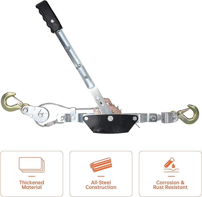 4 Ton Heavy Duty 2 Hook Steel Cable Dual Gear Power Puller Come Along Chain Winch Ratchet Tool, Automotive Hoist Hand Winch Cable Puller Stretcher Lift