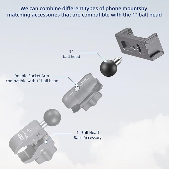 FANAUE Aluminum Phone Holder with 1" Ball Head Adapter - Universal RAM Mounts B Size Compatible, Double Socket Arm Design for Motorcycles/Bikes/ATVs/Cars/Trucks - Secure 360° Rotation