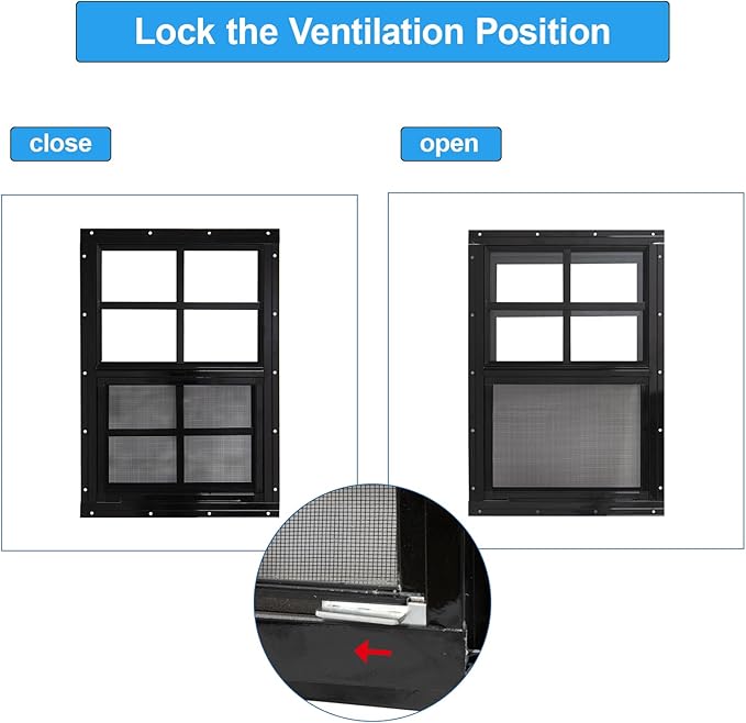 NeatiEase Upgraded Shed Windows 2 Pack, 18" x 27" Windows with Tempered Glass and Stainless Steel Screen for Shed, Chicken Coop, Playhouse, Household, Garage(Black)