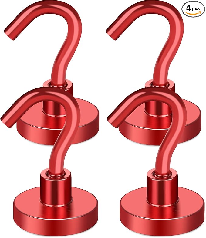 MIKEDE Magnetic Hooks Heavy Duty, 28LB+ Strong Magnets with Hook for Fridge, Neodymium Extra Strength Industrial Hooks for Hanging, Magnetic Hanger for Toolbox, Cruise, Grill(Red,4 Pack)