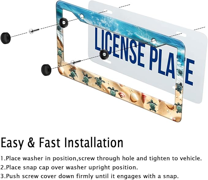 Cute Beach Turtles License Plate Frame, Sea Turtles Sea Shell Starfish Front License Plate Holder Cover, Metal Aluminum Rustproof Car Accessories for Women Men 2 Holes with Screw Caps