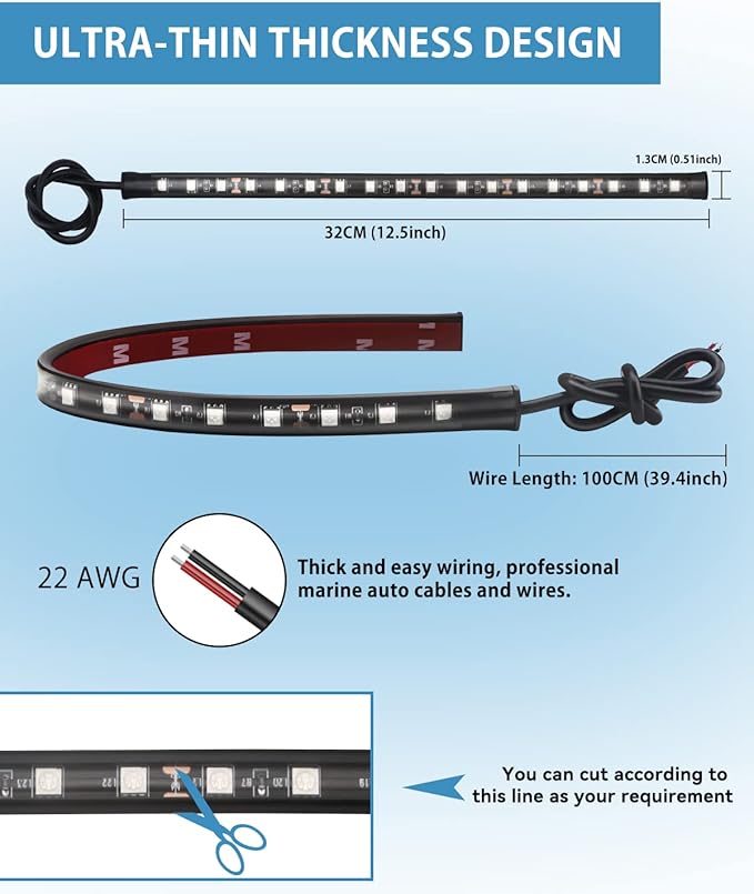 Keiurot 12V Led Light Strip 32CM Waterproof White Led Strip Lights for Cars Motorcycles Golf Cart Interior & Exterior Marine Boat 12V 5050 18SMD,Pack of 4