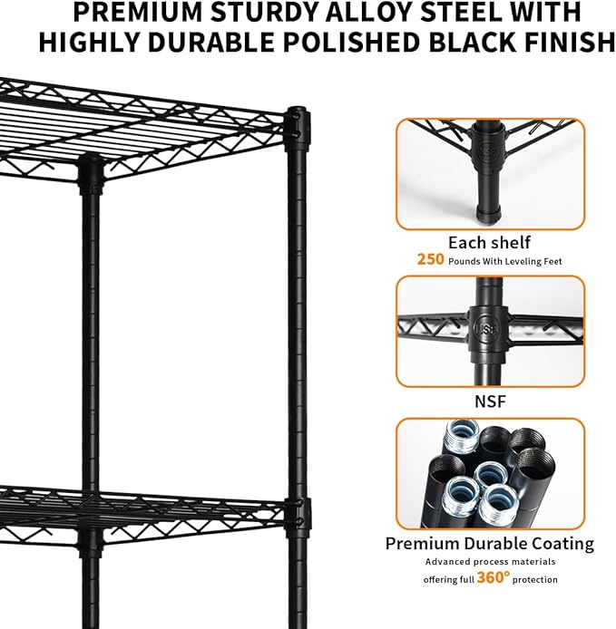 Heavy-Duty Black 4 Tiers Steel 36x14x54 Wire Shelving NSF Certified. Adjustable Storage Rack for Kitchen,Garage,and Laundry Utility Room (4Tiers-36x14x54)