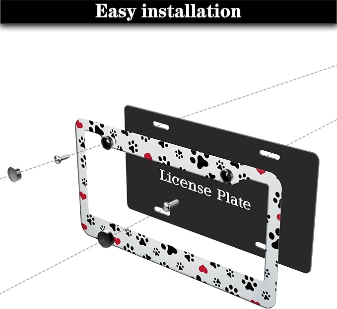 License Plate Frames Black, White, and Red License Plate Bracket Dog Footprints Universal Aluminum Car Accessory 2 Pack with Screw Covers Set