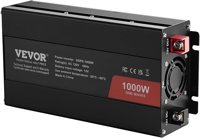VEVOR 1000W Pure Sine Wave Inverter, DC 12V to AC 120V Power Inverter with 2 AC Outlets 1 USB Port 1 Type-C Port, Remote Control for Small Home Devices Like Smartphone Laptop, CE FCC Certified