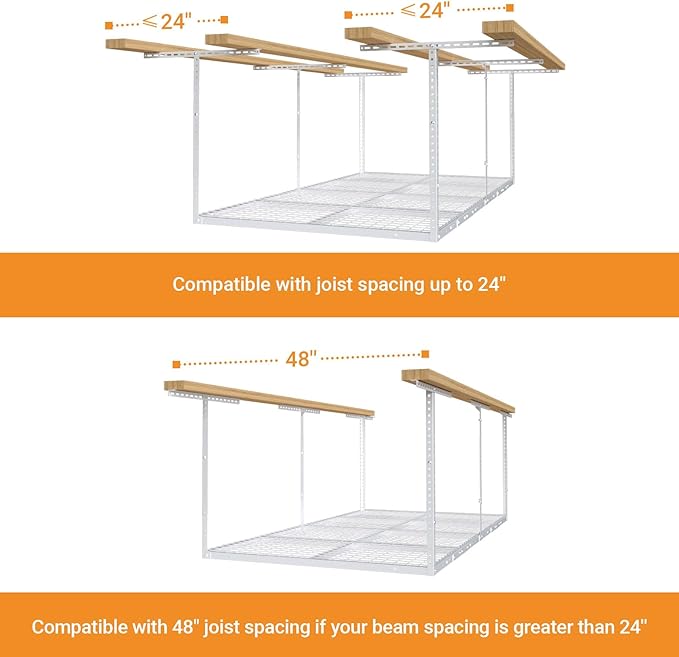 4ftx8ft Overhead Garage Storage Rack, Heavy-Duty Metal Garage Ceiling Storage Rack, 22''-40" Adjustable Ceiling Drop-Down, 600 lb. Loading Weight Capacity, White