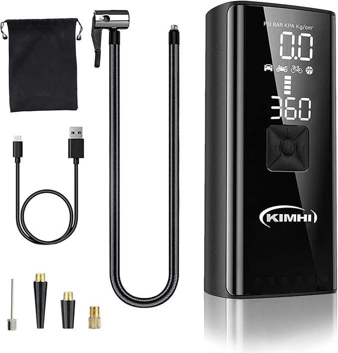 Tire Inflator Portable Air Compressor - KIMHI 150 PSI Cordless Car Air Pump,2X Faster Pump with 10000mAh Rechargeable Battery,Digital Pressure Gauge, LED Light,For Car,Motorcycle and Ball
