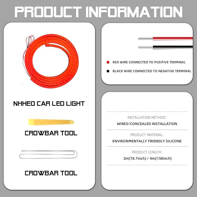 Car LED Strip Light For Trunk, 158Inch IP67 Silicone Waterproof Neon Light Strip Embedded, Flexible Cutting Universal Auto Interior Lights(Red)
