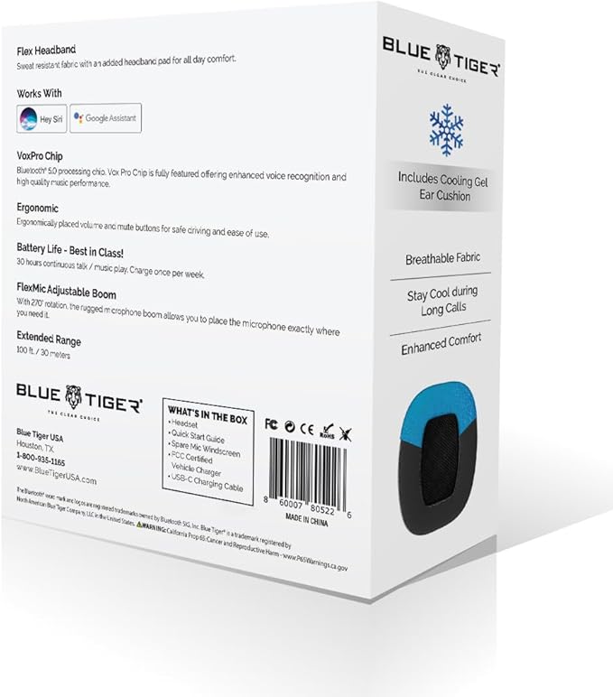 Blue Tiger Storm Black - Premium Trucker Bluetooth Headset - Wireless Noise Canceling Mono Headset with Mic - High-Fidelity Sound, 30-Hour Talk Time, USB-C Charging - for Truck Drivers, Bluetooth 5.0