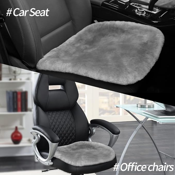 LLB Genuine Sheepskin Car Seat Cushion Seat Covers for Cars Trucks SUV Comfort Seat Protector Pad for Car Driver Seat Car Accessories for Women Office Chair Car Decor (Grey, Front Seat Cushion-1 Pc)