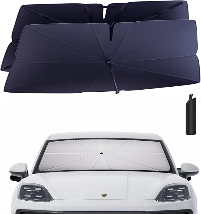 Windshield Sun Shade Umbrella for 2019-2025 Porsche Cayenne Accessories: Custom Fit 240T Silver, Double Thickened Foldable Sunshade Window Sun Visor, Ultimate 99% UV Blocking for Base/S/GTS/Turbo