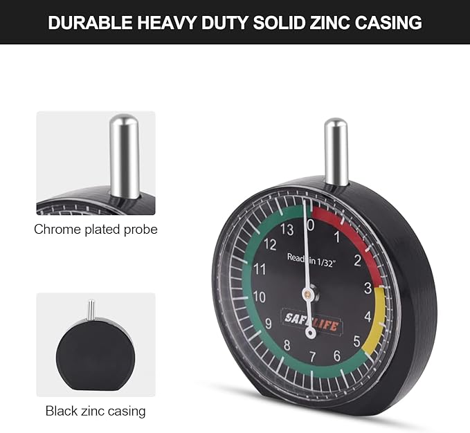SAFELIFE Tire Tread Depth Gauge, Dial Type Tire Tread Depth Gauge Professional for Motorcycle, Car,Truck and Bus,Easy Reading Tyre Tread Depth Gauge in 32nds