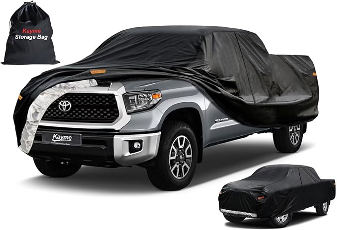 Kayme Truck Cover Custom Fit Toyota Tundra(2006-2025) Double Cab Long Bed. Full Exterior Heavy Duty Outdoor Pickup Truck Car Cover Waterproof All Weather.Car Tarp for Wind Sun Dust Protection.Black