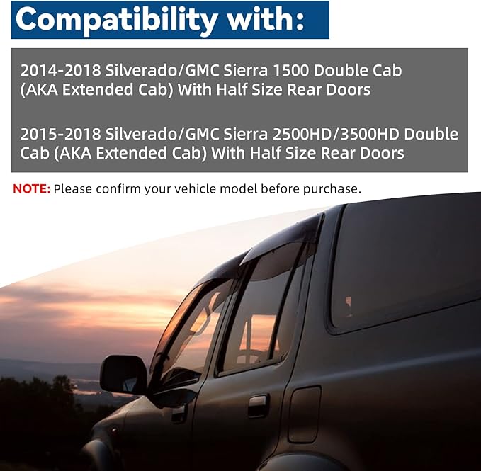 Set of 4 Front+Rear Smoke Sun/Rain Guard Outside Mount Tape-On Acrylic Window Visors Compatible with 14-18 Silverado Sierra 1500 15-18 2500/3500 HD Double/Extended Cab with Half Size Rear Doors