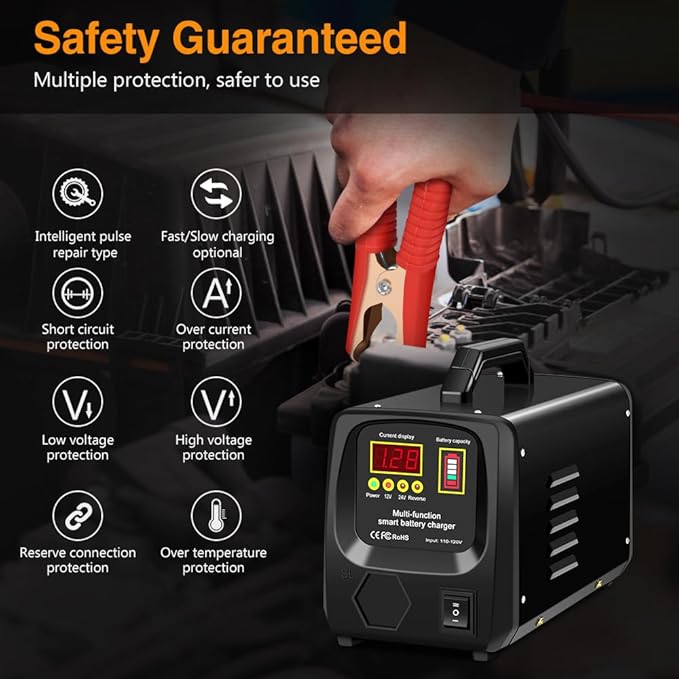 Outerman Car Battery Charger,24V/12V Fully-Automatic Battery Charger for Lead-Acid Batteries,Fast Charging Battery Maintainer/Trickle Charger/Battery Desulfator,for Large Capacity: 6~300AH
